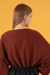 Petek Kumaş Garnili Oversize Kadın Sweat-Kahve