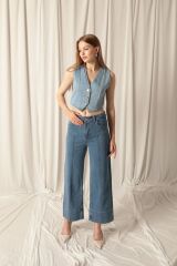 Denim Kumaş Önü Çima Wide Leg Kadın Mavi Kot Pantolon